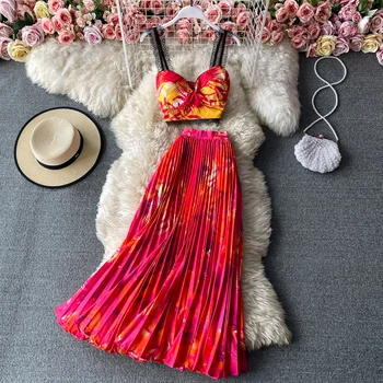 Tendință de Vară pe Plajă cămașă cu imprimeu top fără mâneci două piese elegante rochie plisata femei cu mari swing dress 2 bucata set