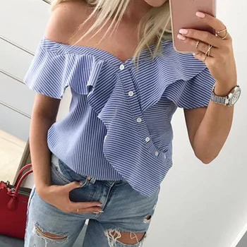 Femei de Moda de pe Un Umăr Butonul Topuri Casual cu Maneci Scurte Zburli Cutată Bluza Casual Doamna Vară Stripe Shirt Nou Cald