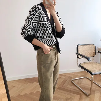 Femei V-neck Cardigan Pulover Haina 2019 Toamna Iarna Noi de Moda Casual, Confortabil Sălbatic Mozaic Knit Cardigan Pulover Femei