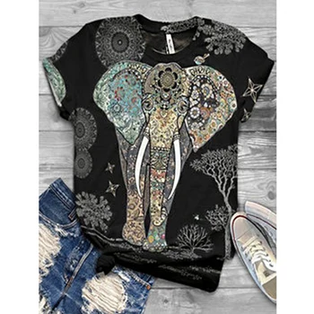 Femei T shirt Desene animate Elefant Tipărite Maneca Scurta Animal Print T-shirt, O-neck Casual Animal de Imprimare Topuri 5XL Plus Dimensiune Tee