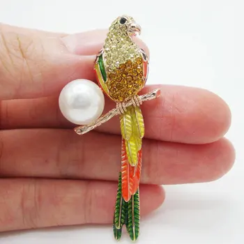 Minunat Papagal Pasăre-Coada Poate Leagăn De Aur Ton Broșă Pin Galben Stras De Cristal