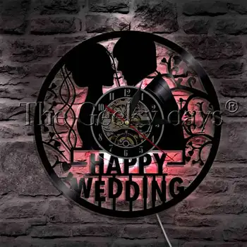 Nunta fericit disc de Vinil Ceas de Perete de Culoare Schimbare de Perete de Lumină Pentru Aniversarea de Nunta Căsătorie LED Lampă de Agățat Cadou