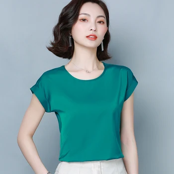 Coreeană Grele De Mătase Bluze Femei Solide Bluza Din Satin Topuri De Vara Femei Maneca Scurta Bluza Top Plus Dimensiune Blusas Mujer De Moda 2020