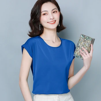 Coreeană Grele De Mătase Bluze Femei Solide Bluza Din Satin Topuri De Vara Femei Maneca Scurta Bluza Top Plus Dimensiune Blusas Mujer De Moda 2020