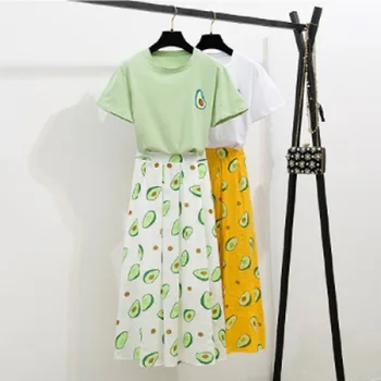 Proaspăt Femei Top Fuste Seturi de Avocado Imprimare tricou Verde Topuri 2 buc Set de Fusta Casual Tinutele de Vara Meci 2019 pentru dropshipping