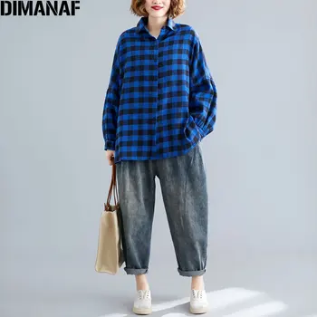 DIMANAF 2020 Femei, Plus Dimensiune Bluza Carouri Print Casual, Camasi Lungi Albastru Full Sleeve Cardigan Toamna Noua Marime Mare pentru Femei Bluza