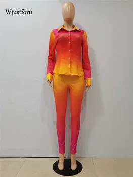 Wjustforu Două Bucata Set Femeile Gradient Sexy Buton Camasa Cu Maneca Lunga Si Casual Cu Talie Inalta Pantaloni De Creion Set De Potrivire Se Încadrează În 2020