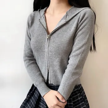 2020 Noua Moda de Primăvară Tricotat coreean cu Fermoar cu Gluga Casual Scurte Zip-up Sexy Femei Tricou Subtire cu Maneca Lunga Topuri Q012