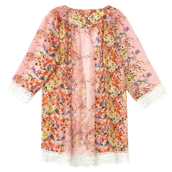 Femei de moda de Vară Șifon Bluza Tunica de Plaja Boho Kimono Cardigan Florale Imprimate Maneca 3/4 Liber Long Beach Acoperi Tricou