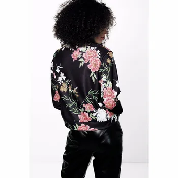 Sacou Femei, Negru Gât O Jacheta Bomber 2018 Print Floral Negru Palton Casual Cu Fermoar De Bază De Îmbrăcăminte Paltoane Jachete Plus Dimensiune