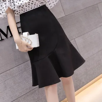 Toamna Iarna Fuste Femei Stil Coreean Negru Fusta Sirena Elegant Talie Mare Slim Lady Genunchi Lungime Volane Fusta Office
