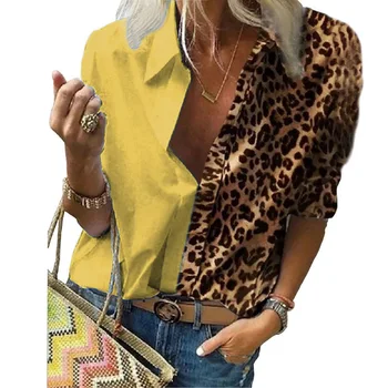 Casual pentru Femei Tricou Șifon V-Gât Adânc Leopard împletit femeie Top Mâneci Lungi Guler de Turn-down vrac Femei șifon bluza