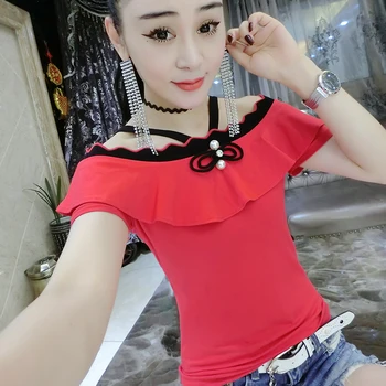 Coreeană Slash Gât, Pe Umăr Tricou 2019 Noi de Vara din Bumbac Top Haine Tricou Camiseta Mujer Negru Roșu Alb Gri Roz T95103L