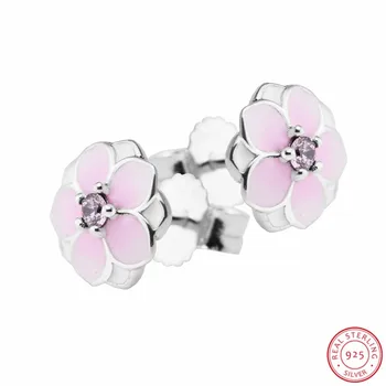 Delicat Artizanale de Argint 925 Destul de Magnolie Floare Stud Cercei pentru Femeile cu Pal Cerise Email & Pink CZ FLE085