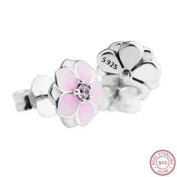 Delicat Artizanale de Argint 925 Destul de Magnolie Floare Stud Cercei pentru Femeile cu Pal Cerise Email & Pink CZ FLE085