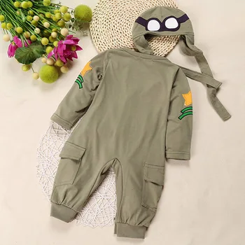 Copil nou-născut Băieți Uza Salopetă Pilot Costum Capitan de aviatie Armata Verde Maneca Lunga Baiat Haine pentru Copii cu Pălărie Copil
