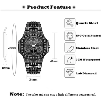 Patek Nou Brand De Lux Watch Mens Cuarț Moda Încheietura Ceasuri Black Diamond Om Baugette Dimaond Ceas De Mână De Sex Masculin Cuarț Ceas