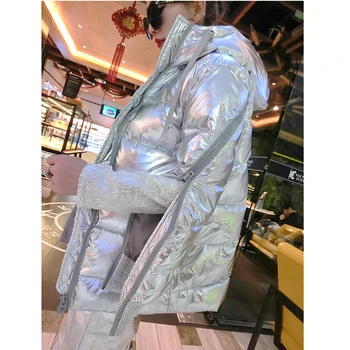 2019 Moda De Metal Argint Set Costum De Iarnă Se Ingroase Sacou Cald Pantaloni Bumbac 2 Bucată De Costume De Dama De Iarna Cu Gluga Jachete Parka