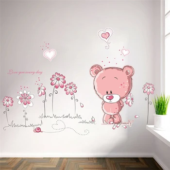 Desene animate urs roz de flori de sticlă autocolante de perete pentru camere de copii canapea decor acasă pvc decalcomanii de perete decoratiuni de nunta diy arta murala