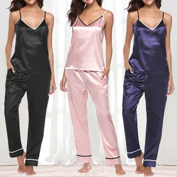 Moda Culoare Solidă V-neck Suspensor Sus Pantaloni de Costum din Două piese Homewear Set Sexy Pijamale 2021 Primăvară Acasă Costum Seturi