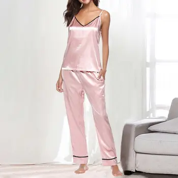 Moda Culoare Solidă V-neck Suspensor Sus Pantaloni de Costum din Două piese Homewear Set Sexy Pijamale 2021 Primăvară Acasă Costum Seturi