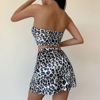 LVINMW Sexy Leopard Skinny Chic Două Bucata Set Femei Strapless fără Mâneci fara Spate Rezervor Topuri Talie Mare Parte Split Fusta Mini