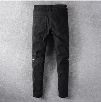 Nouă Bărbați de sex masculin negru fermoare plisata din piele PU patch-uri biker de blugi de Moda streetwear slim skinny stretch denim pantaloni pantaloni