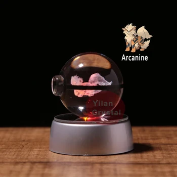 Arcanine Pokeball Gravura Rotunda Cristal Negru Cu Linie de Moda Frumos 50mm*50mm Minge Cu LED-uri de Bază de Bază de Cristal