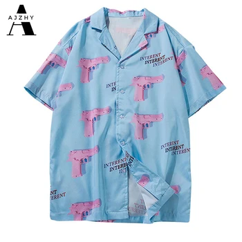 Guler de Turn-down Shirt pentru Bărbați 2019 Vara Hawaii Stil Roz Arma de Imprimare 3d Casual Streetwear Hip Hop Maneca Scurta Tricou Harujuku
