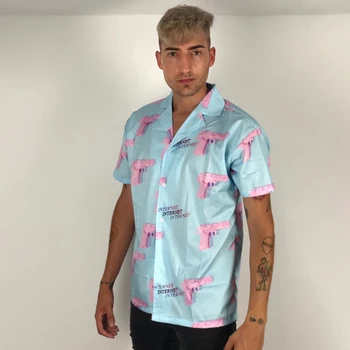 Guler de Turn-down Shirt pentru Bărbați 2019 Vara Hawaii Stil Roz Arma de Imprimare 3d Casual Streetwear Hip Hop Maneca Scurta Tricou Harujuku