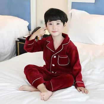 Băieți Fete Pijama Seturi de Iarna, Xmas Cadou 4-14 Ani Teen Lung mâneci Rever Culoare Solidă Flanel Copii Acasă Purta Pijamale