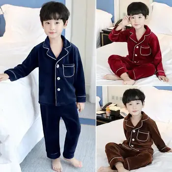 Băieți Fete Pijama Seturi de Iarna, Xmas Cadou 4-14 Ani Teen Lung mâneci Rever Culoare Solidă Flanel Copii Acasă Purta Pijamale