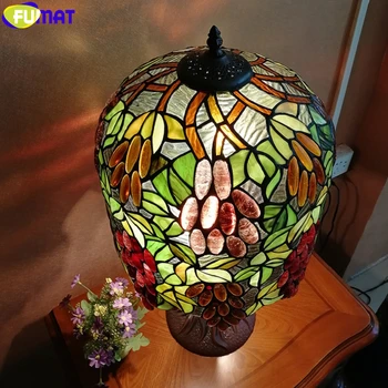 FUMAT Stil Tiffany Vitralii de Floarea soarelui Struguri Nuante de Cupru Mozaic Beses Decora Masa de Lămpi cu LED-uri Lampa de Birou Clasice Lumini