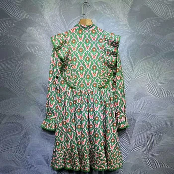 SEQINYY Rochie Mini Casual de Vara Verde de Primăvară Nou Design de Moda Femei Pista de Înaltă Calitate Volane Încreți Flori Roșii de Imprimare