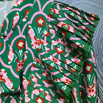 SEQINYY Rochie Mini Casual de Vara Verde de Primăvară Nou Design de Moda Femei Pista de Înaltă Calitate Volane Încreți Flori Roșii de Imprimare