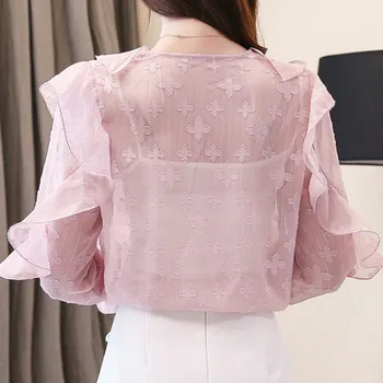 2021 Toamna Moda Femei Șifon Bluze cu Maneci Lungi V-neck Femei Bluze Casual cu Volane Roz Elegant Femei Topuri 5548 50