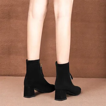 COOTELILI Femei Glezna Cizme Pantofi de Moda Pentru Femei de Iarnă Cizme Cald Cu Pluș Rotund Toe Pantofi cu Toc 6cm Zip Plus Dimensiune 41 42 43
