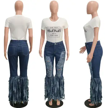 Casual Femei Din Două Piese Set Rupt Blugi + Tricou Streetwear Înaltă Talie Pantaloni Flare Scrisoare De Imprimare De Top De Haine Pentru Femei