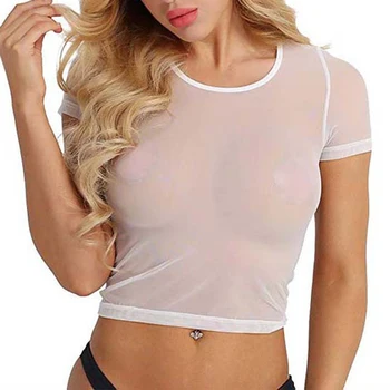 Femei Sexy Șifon tricou Plasă Vedea Prin Topuri Club de noapte Vestă Feminină Scurtă Neagră cu Maneci O-gât Club T-shirt Plus Dimensiune