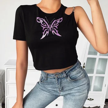 InstaHot un umar femei T shirt fluture imprimat sexy gotic streetwear crop top din bumbac tricou de vara cu maneci scurte tee top