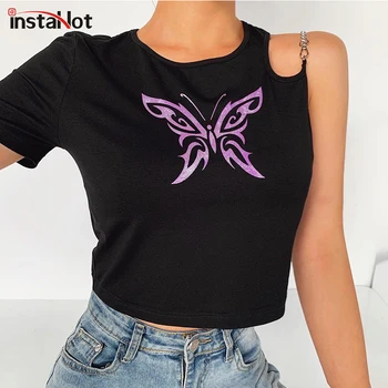 InstaHot un umar femei T shirt fluture imprimat sexy gotic streetwear crop top din bumbac tricou de vara cu maneci scurte tee top