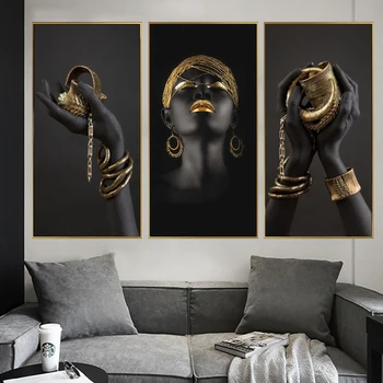 Femeie din africa Neagră Mâini de Aur, Bijuterii, Tablouri Canvas Postere si Printuri pe Perete Imagini de Artă Decor Acasă