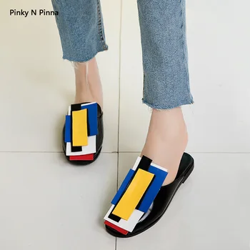 2019 femei noi slide-uri pop art designer mix de culoare de vară de lux catâri brevet coperta de piele in picioare papuci de casă plat pantofi de moda