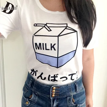 Dingtoll Japonia Stil Lapte Imprimate Topuri de Studenți de sex Feminin Harajuku tricou Hipster Tumblr Alb Negru WMT321