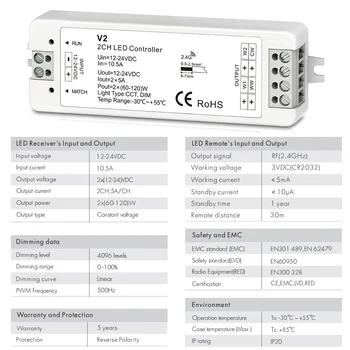 WW CW Controler cu LED-uri CCT 2CH 12V 24V DC 10A cu LED Dimmer RF 2.4 G Wireless de Control de la Distanță pentru o Singură Culoare Dual Alb Benzi cu LED-uri