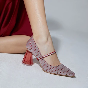 Red Love-inima Paiete Pantofi de Nunta Femeie Cristal Toc Înalt Punct Toe Mary Janes Stil Zână Multe Moduri de A purta Femei Pompe