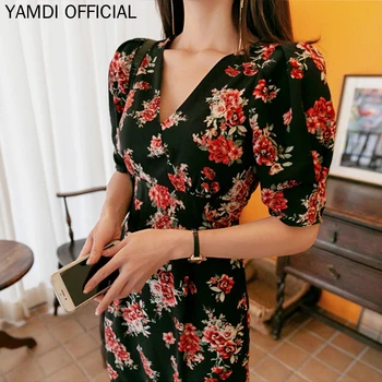 YAMDI Talie Elastic Rochie de Femei Nou Boem Plajă Subțire Elegant de Imprimare Florale V-Neck Rochii de Femeie, Jumătate Maneca Creion Dres
