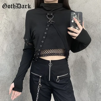 Goth Întuneric Stilul Punk Cu Centura Gotic Hanorace Grunge Plasă De Mozaic Negru Y2k Toamna Hoody Gol Afară De Streetwear Pulovere Femei