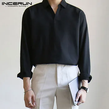 Barbati Tricou Stil coreean Streetwear Casual Maneca Lunga Brand de Moda Tricouri Masculina Rever Culoare Solidă Chic Camisa S-5XL INCERUN