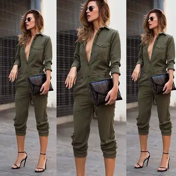 Femei Cu Maneci Lungi Pantaloni Streetwear Femei Marfă Salopeta Catarama Centura Militară Romper Fermoar Fata Salopete